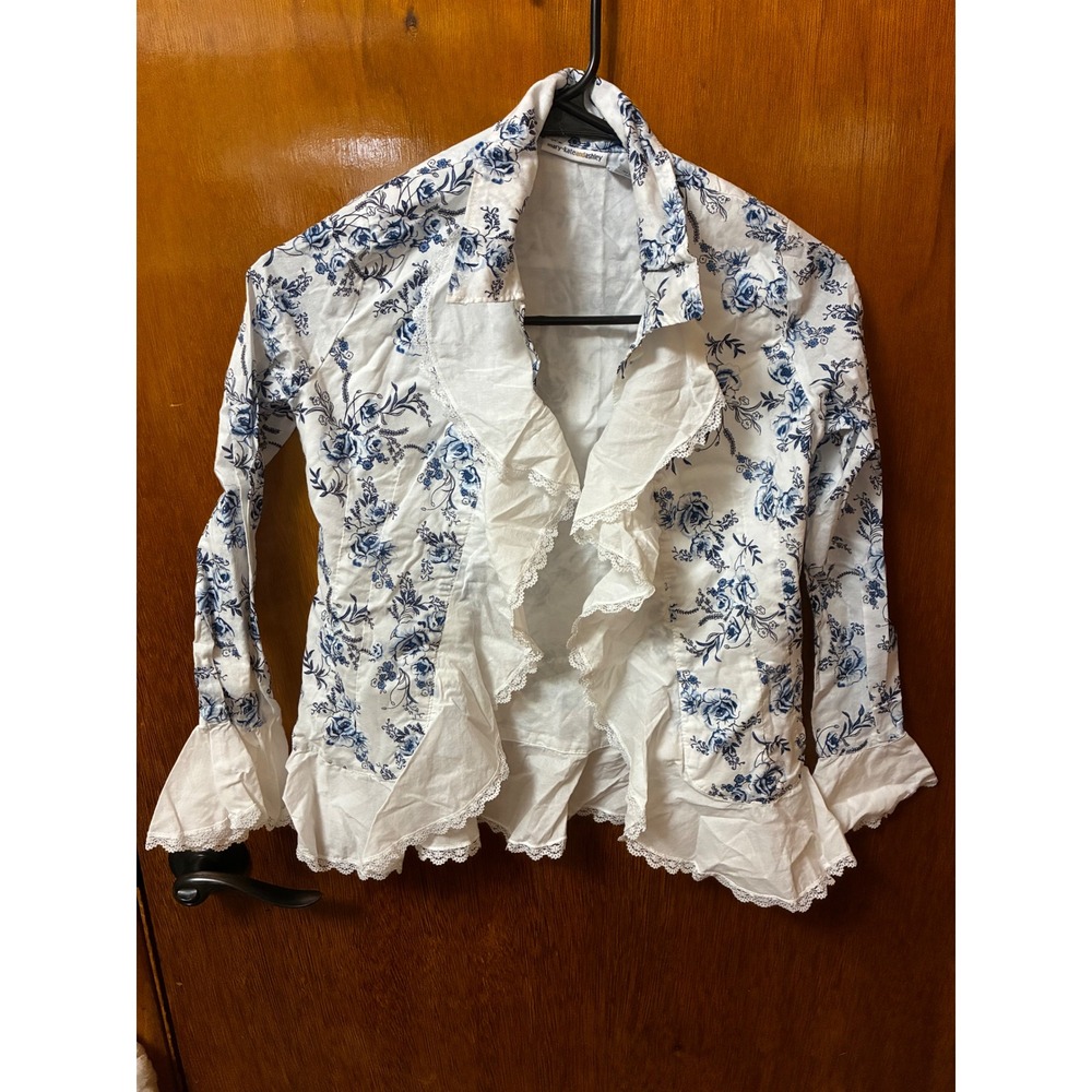 Mary-Kate and Ashley Ruffle Shirt Kids L 10/12 White Blue Floral Lace Y2K